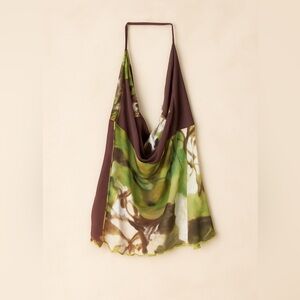 SHEIN Abstract Halter Cowl Neck Top Women’s Medium Boho Y2K Mesh‎ Brown Green